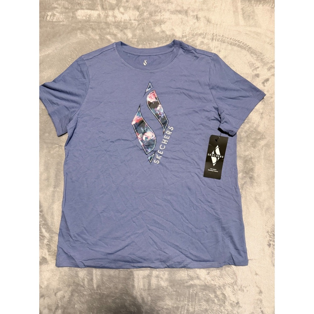Skechers Graphic Tee Women Large Blue Floral Logo Short Sleeve Crew Neck Shirt